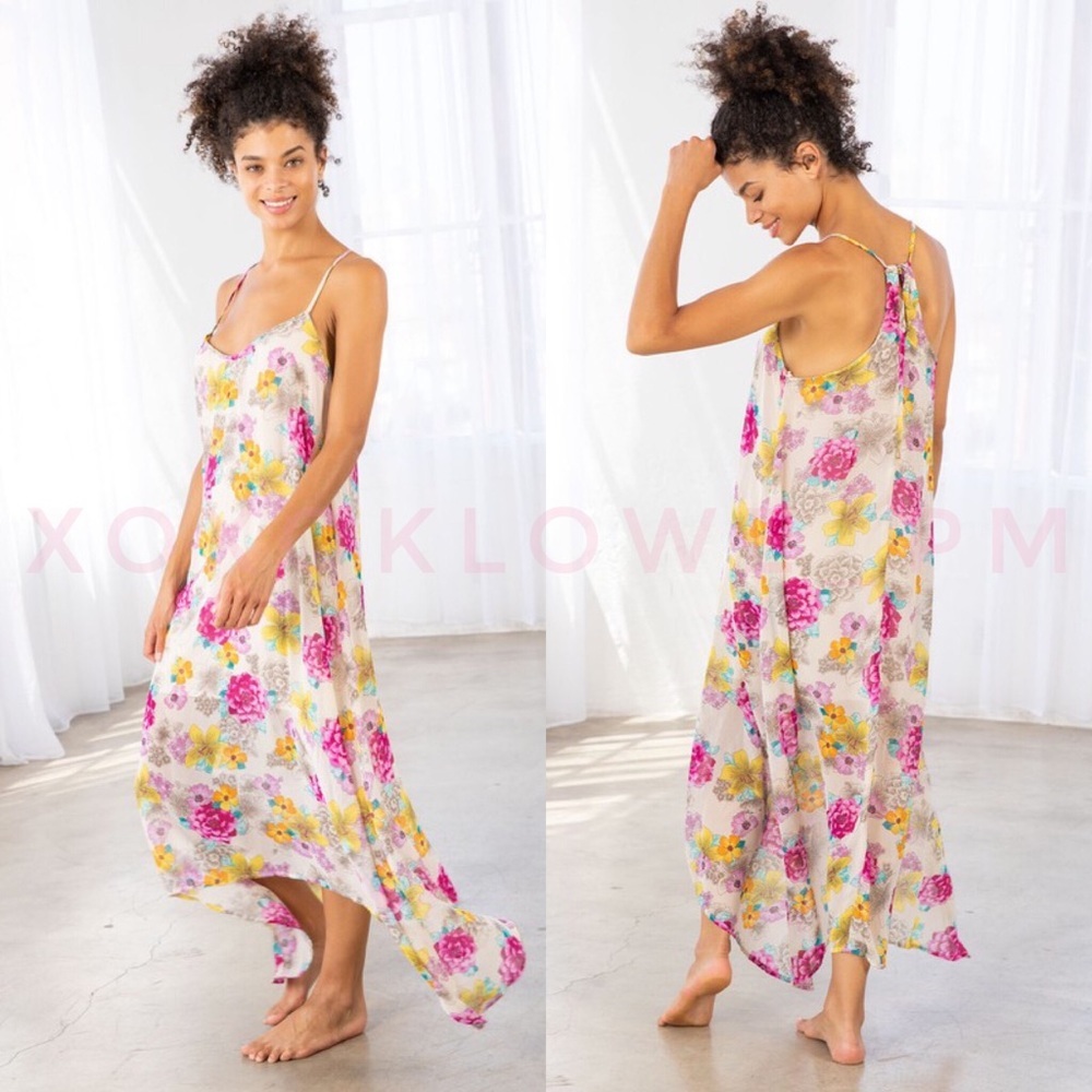 Love Stitch Pink & Yellow Floral Print Hanky Hem Maxi Dress